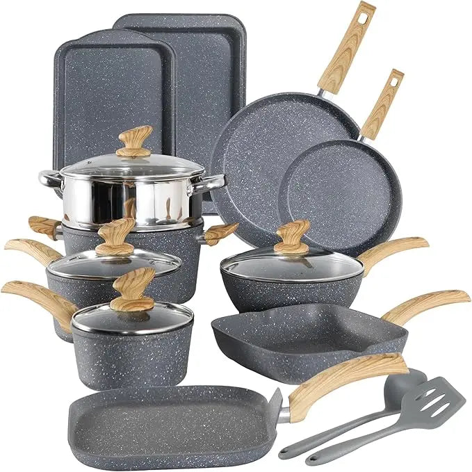 17-Piece Granite Induction Cookware Set – Nonstick Pots and Pans Set with Cooking Utensils, Durable Non-Toxic Kitchen Cookware for All Stovetops