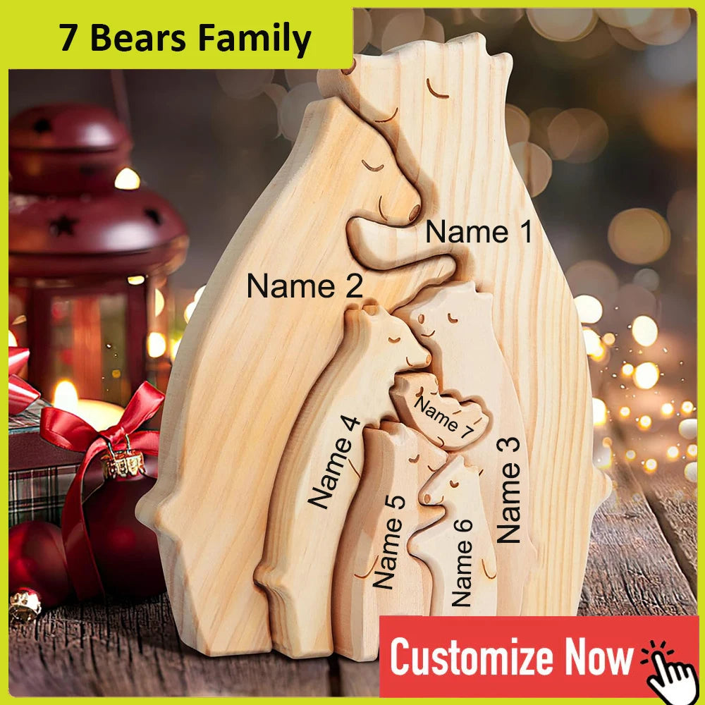 Personalized Custom Bear Family Wooden Puzzle – DIY Name Engraved Sculpture Figurine for Home Desk Decor, Christmas & Birthday Gift
