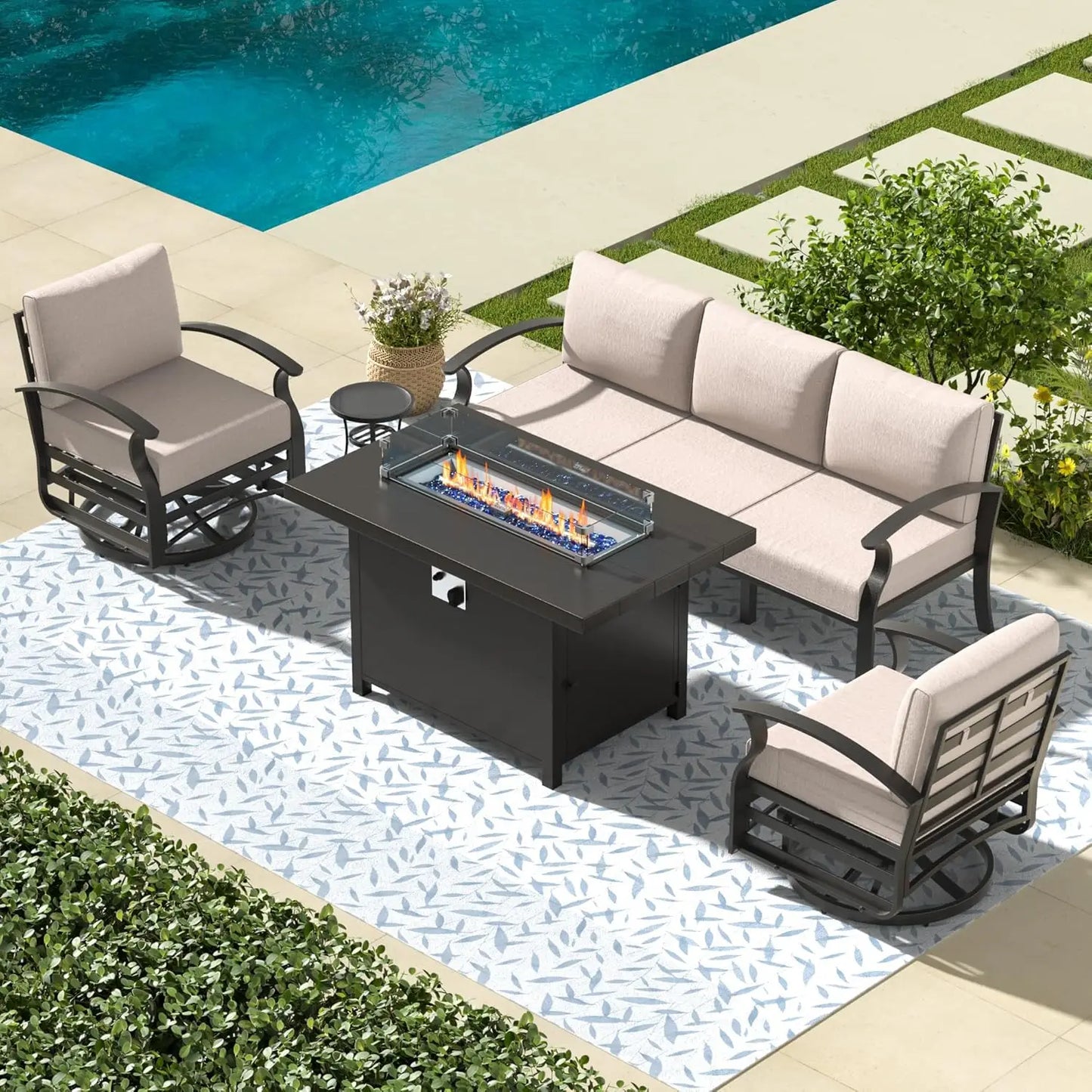Aluminum Patio Furniture Set with Fire Pit Table – Swivel Chair Metal Sectional Sofa with Upgraded Cushions for Outdoor Patio, Deck, or Backyard