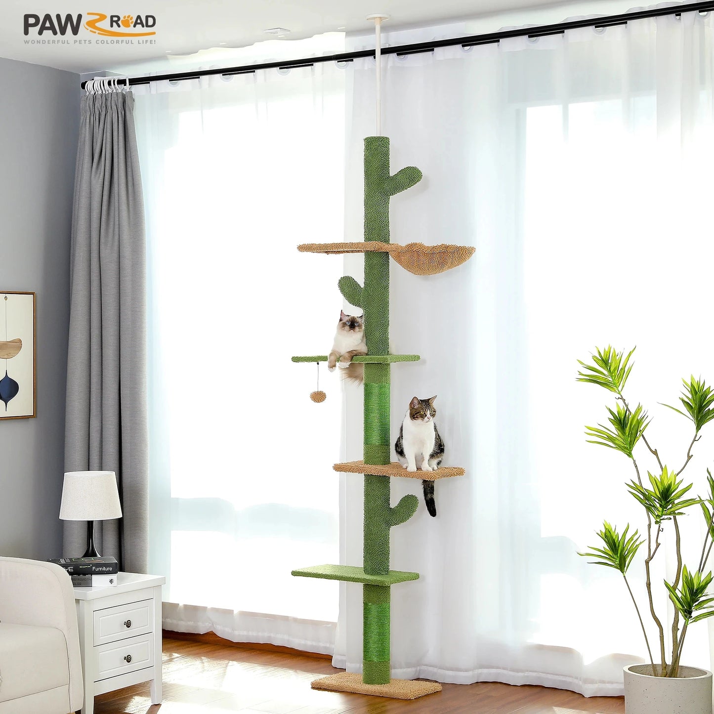 5-Tier Floor-to-Ceiling Cactus Cat Tree Tower – Tall Climbing Activity Center with Hammock, Scratching Posts & Dangling Ball for Indoor Cats