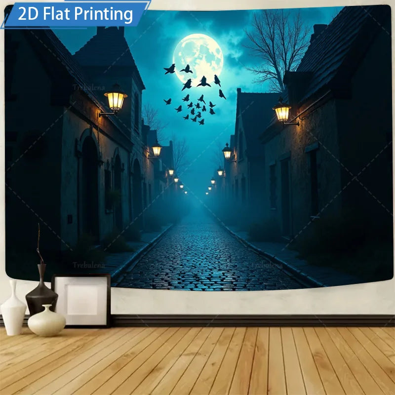 Halloween Wall Tapestry – Happy Haunting Pumpkin & Skeleton Design, Spooky Seasonal Décor for Home, Bedroom, or Party