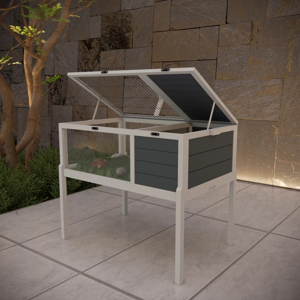 Wooden Tortoise Habitat House – Reptile Cage with Detachable Legs, Removable Waterproof Tray & Built-in Light for Small Animals