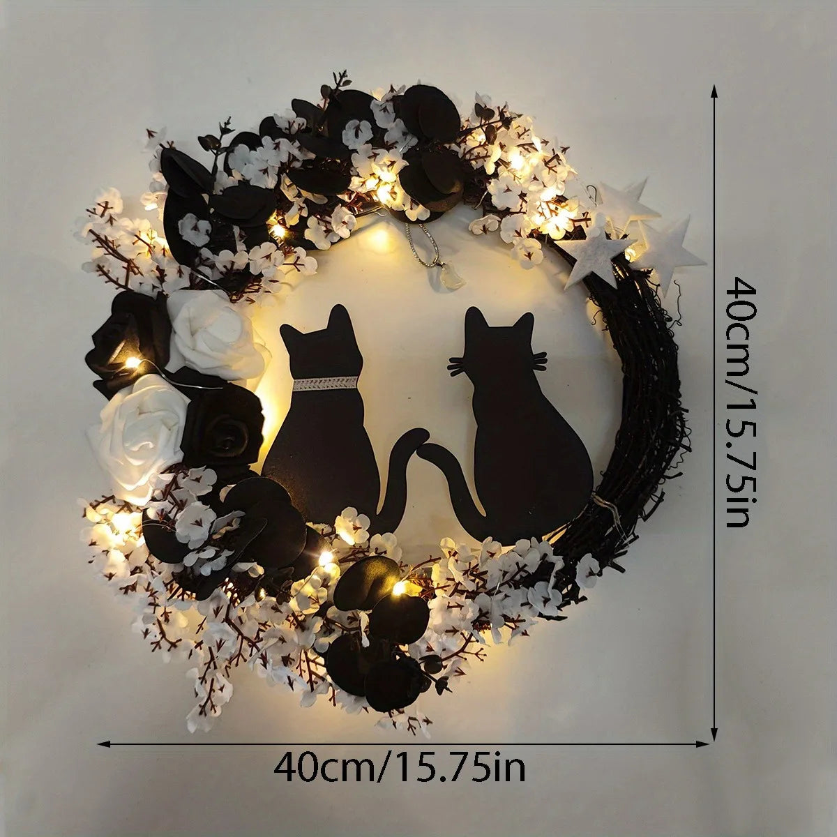 Black Cat Crescent Wreath – Spooky Halloween Front Door & Window Decor for Home, Party, or Holiday Display
