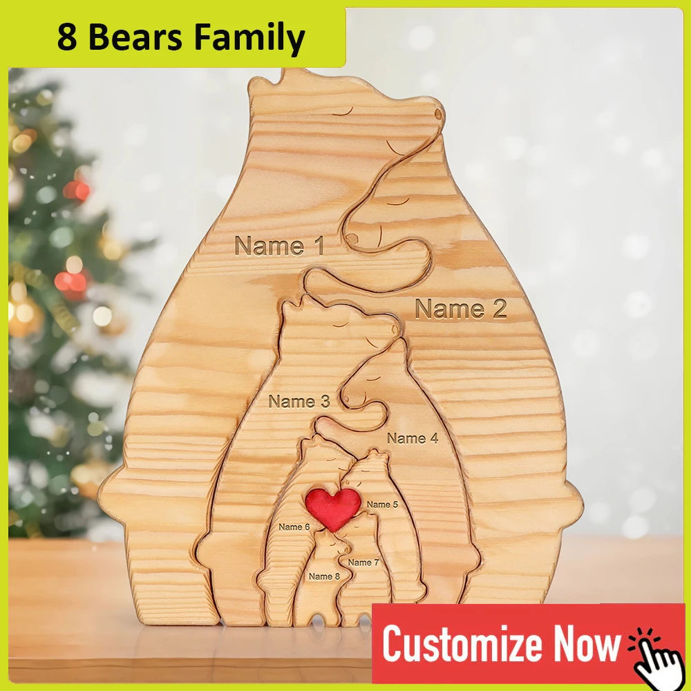 Personalized Custom Bear Family Wooden Puzzle – DIY Name Engraved Sculpture Figurine for Home Desk Decor, Christmas & Birthday Gift