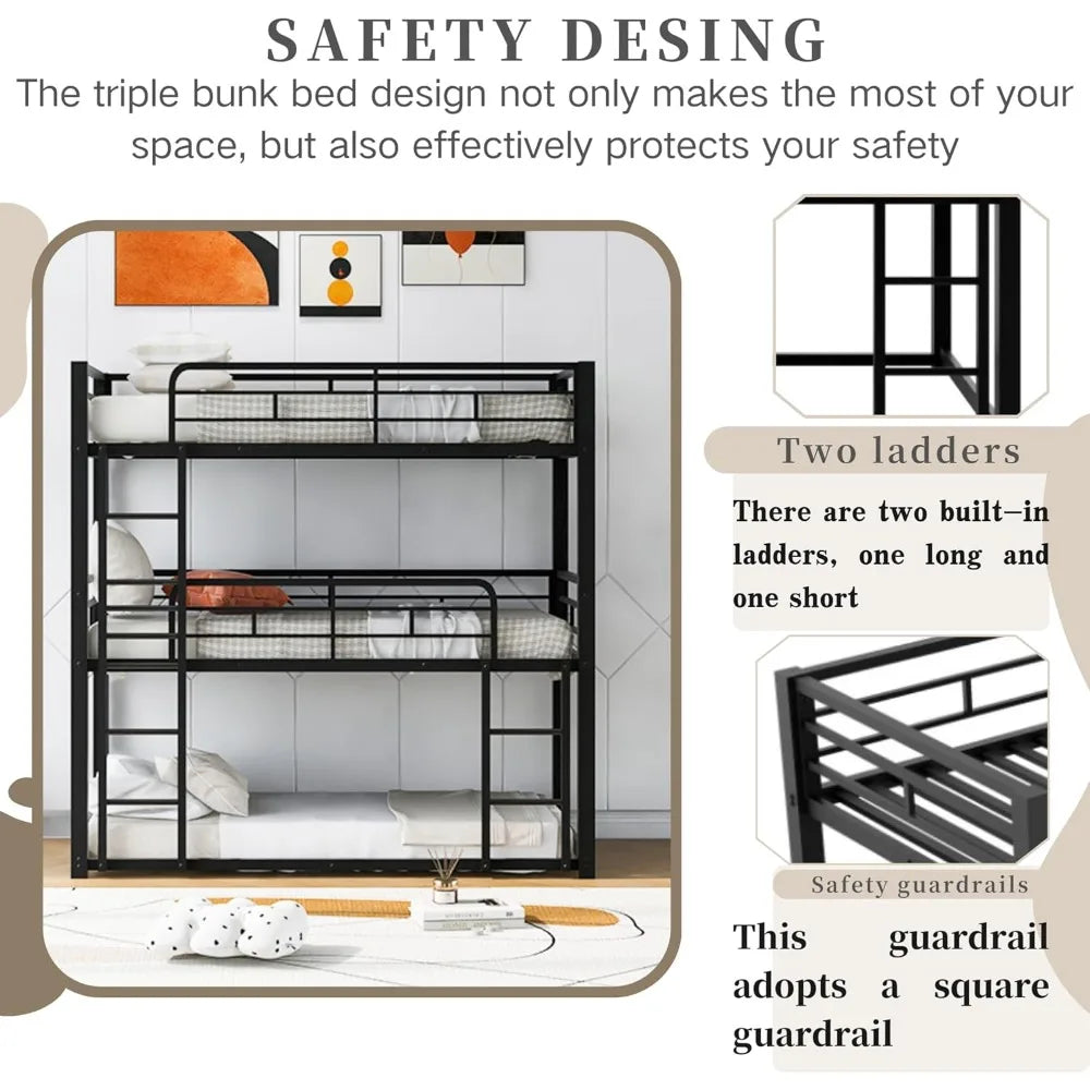 Twin Metal Triple Bunk Bed – Modern Heavy-Duty Space-Saving Bed Frame for 3 Kids, Black Finish