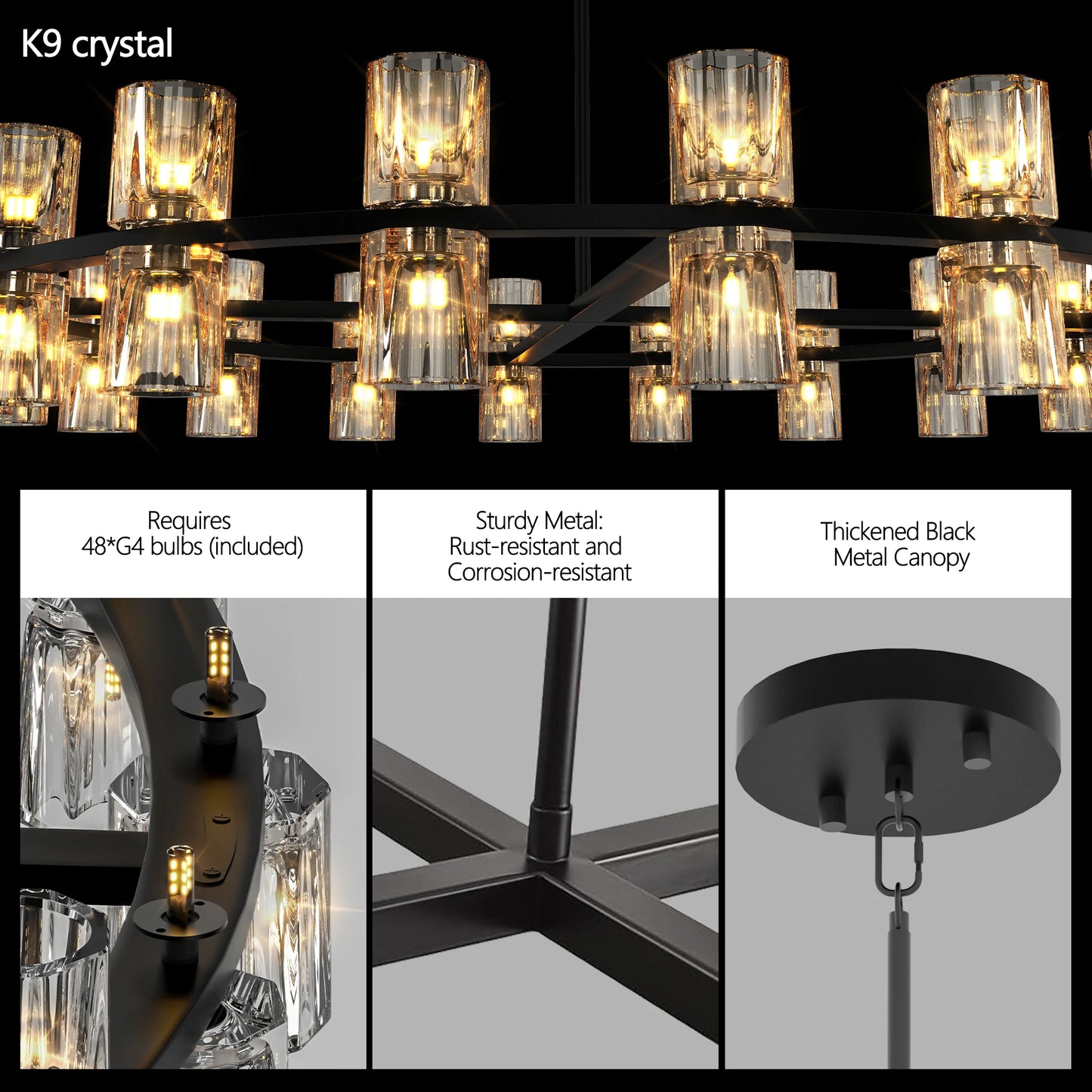 Wagon Wheel Chandelier – 48" Modern Black Round Crystal Light Fixture for Dining Room & Living Room