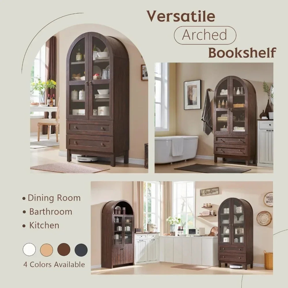 Wooden Display Cabinet w/2 Large Storage Drawers, Glass Doors and Shelves