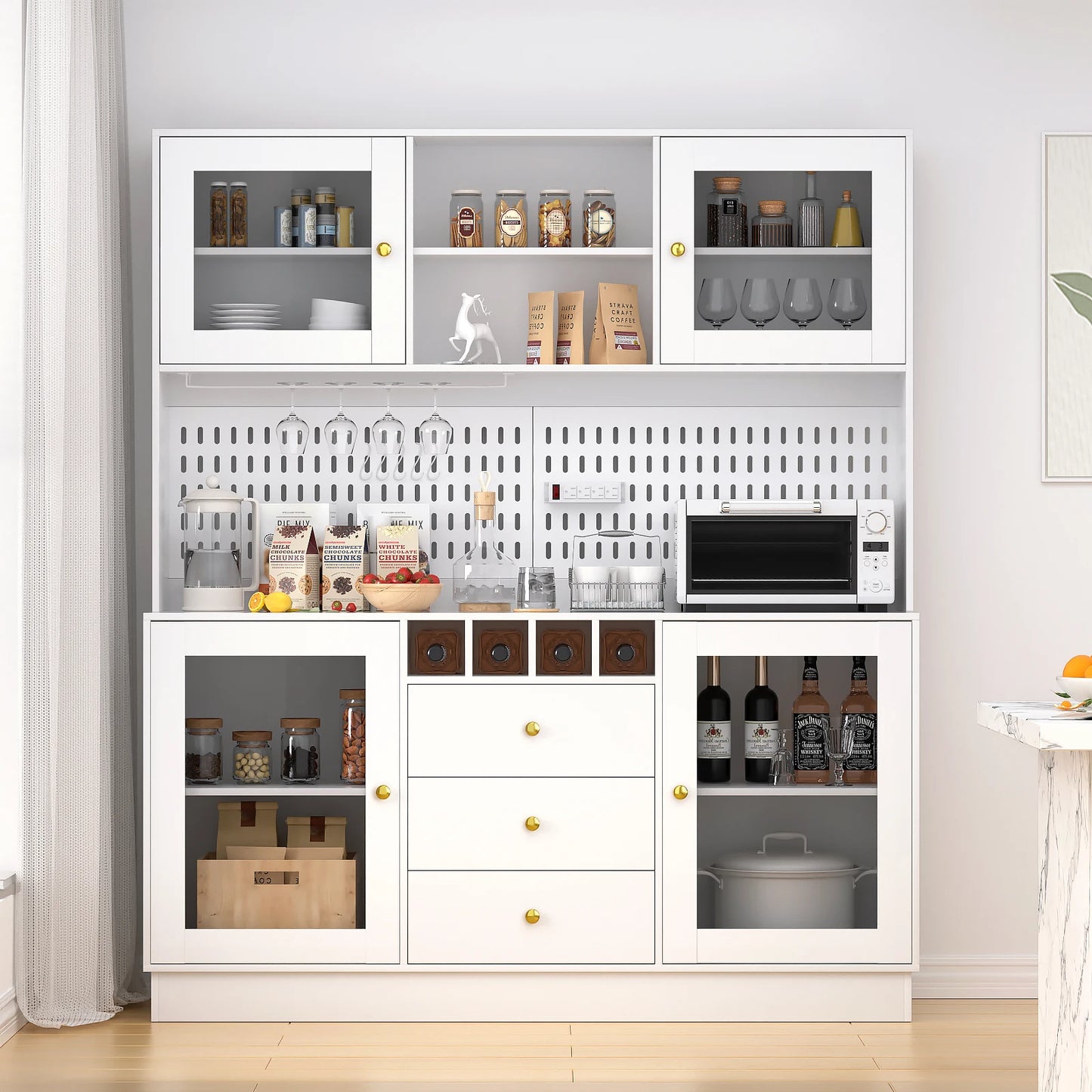 Pantry Cabinet – Freestanding Kitchen Storage Buffet Hutch with Pegboard, Cup Holder & Power Outlet, Black