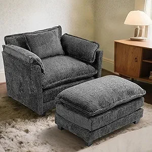 Oversized Boucle Accent Chair with Storage Ottoman – Cozy Double Cushion Reading Armchair, Deep Seating Lounge Chair for Living Room, Bedroom, or Apartment