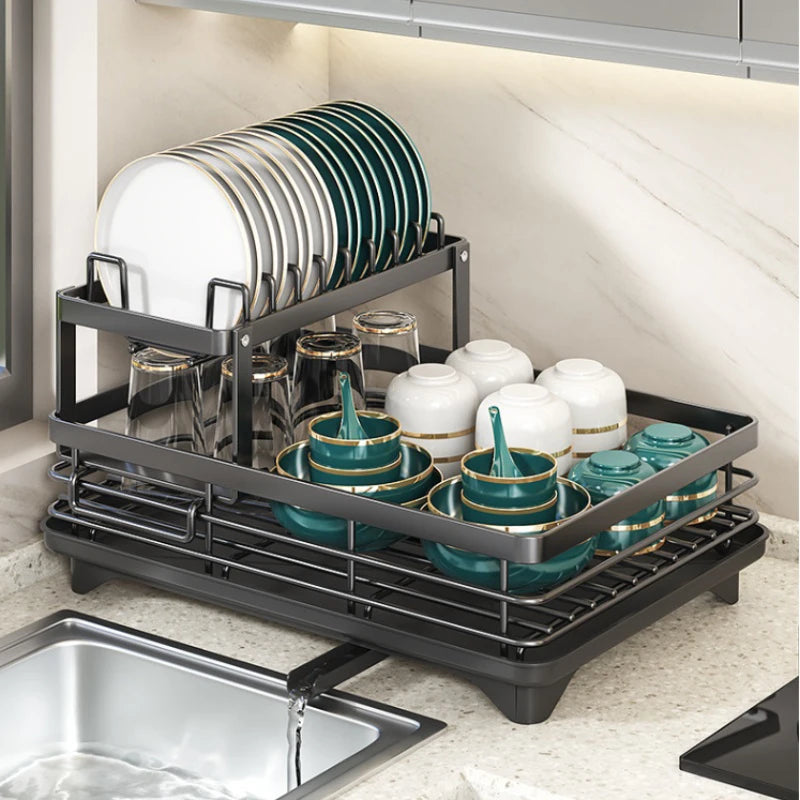 Large Dish Drying Rack for Kitchen Counter – Rustproof Black Dish Drainer with Drainboard, Adjustable Swivel Spout & Utensil Holder