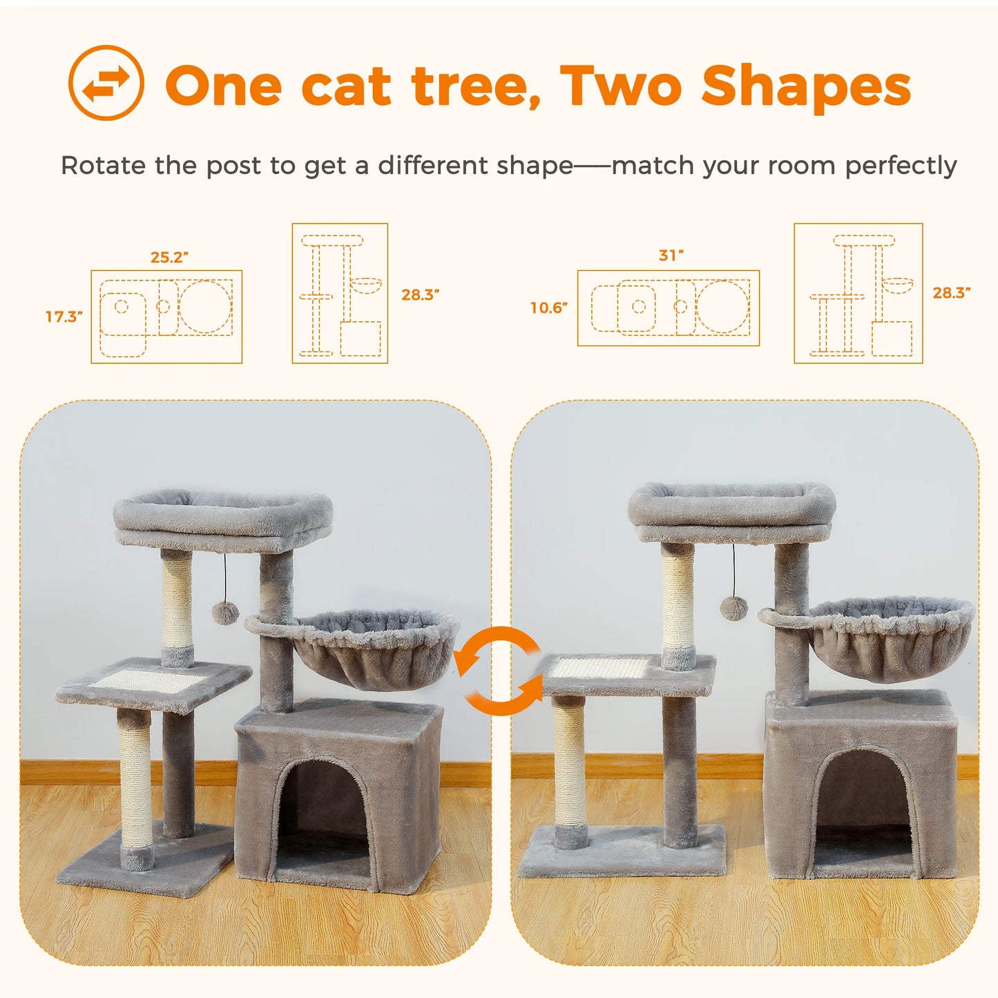 CozyCat™ 2-in-1 Cat Tree Tower – Indoor Cat Activity Center with Scratching Posts, Big Hammock & Removable Top Perch (Grey)