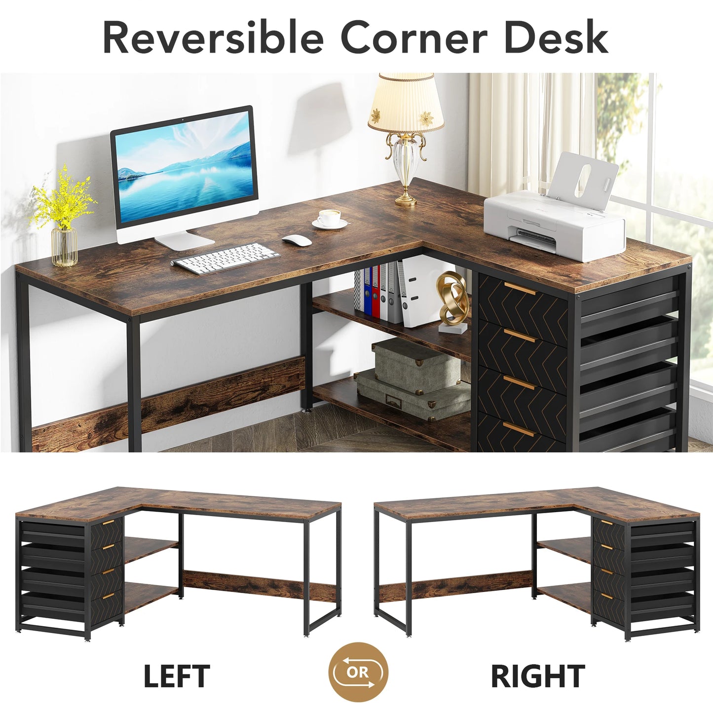 Tribesigns 59" L-Shaped Computer Desk – Reversible Corner Desk with Storage Drawers & Shelves