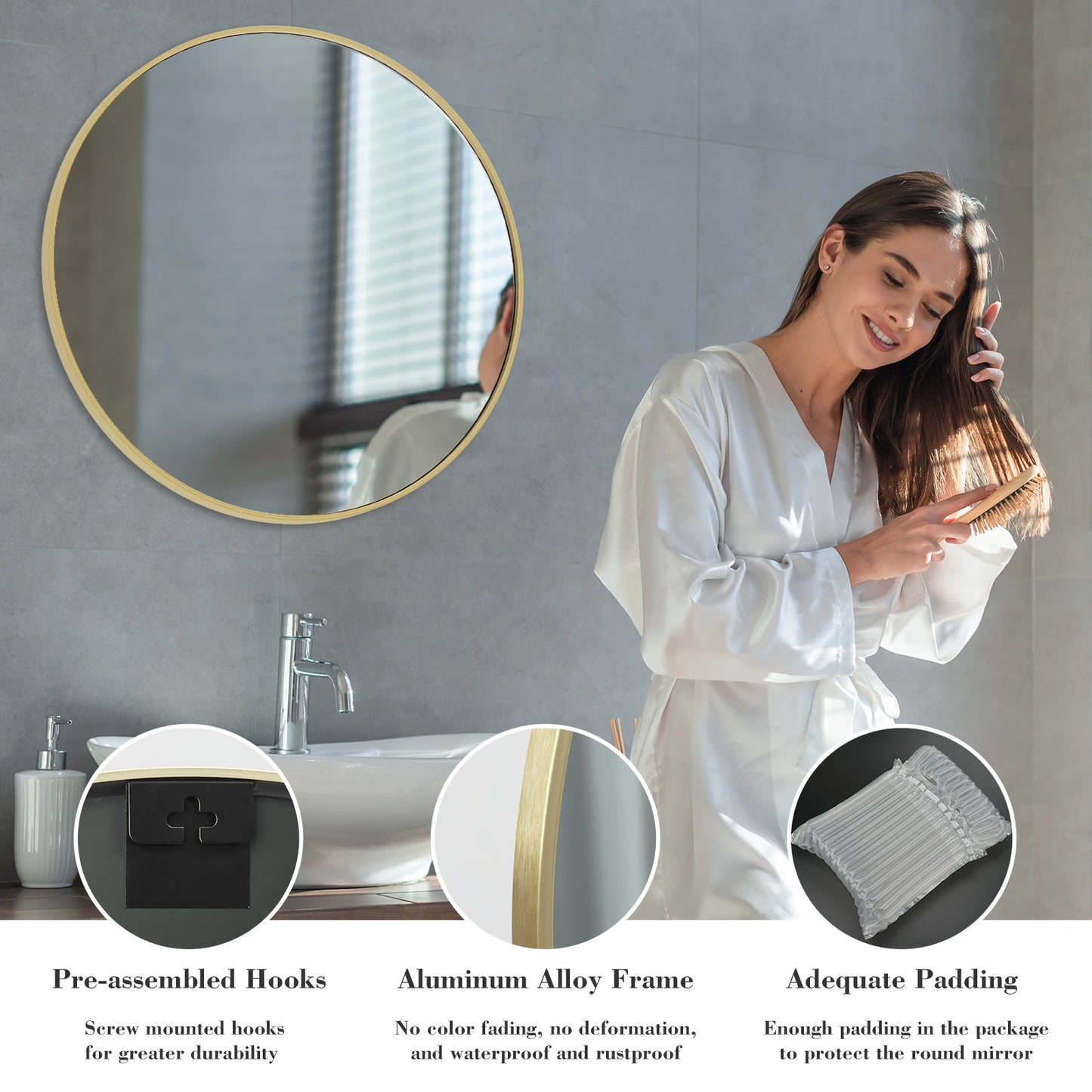 JHK Large Gold Round Vanity Framed Mirror for Wall