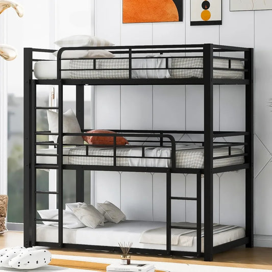 Twin Metal Triple Bunk Bed – Modern Heavy-Duty Space-Saving Bed Frame for 3 Kids, Black Finish