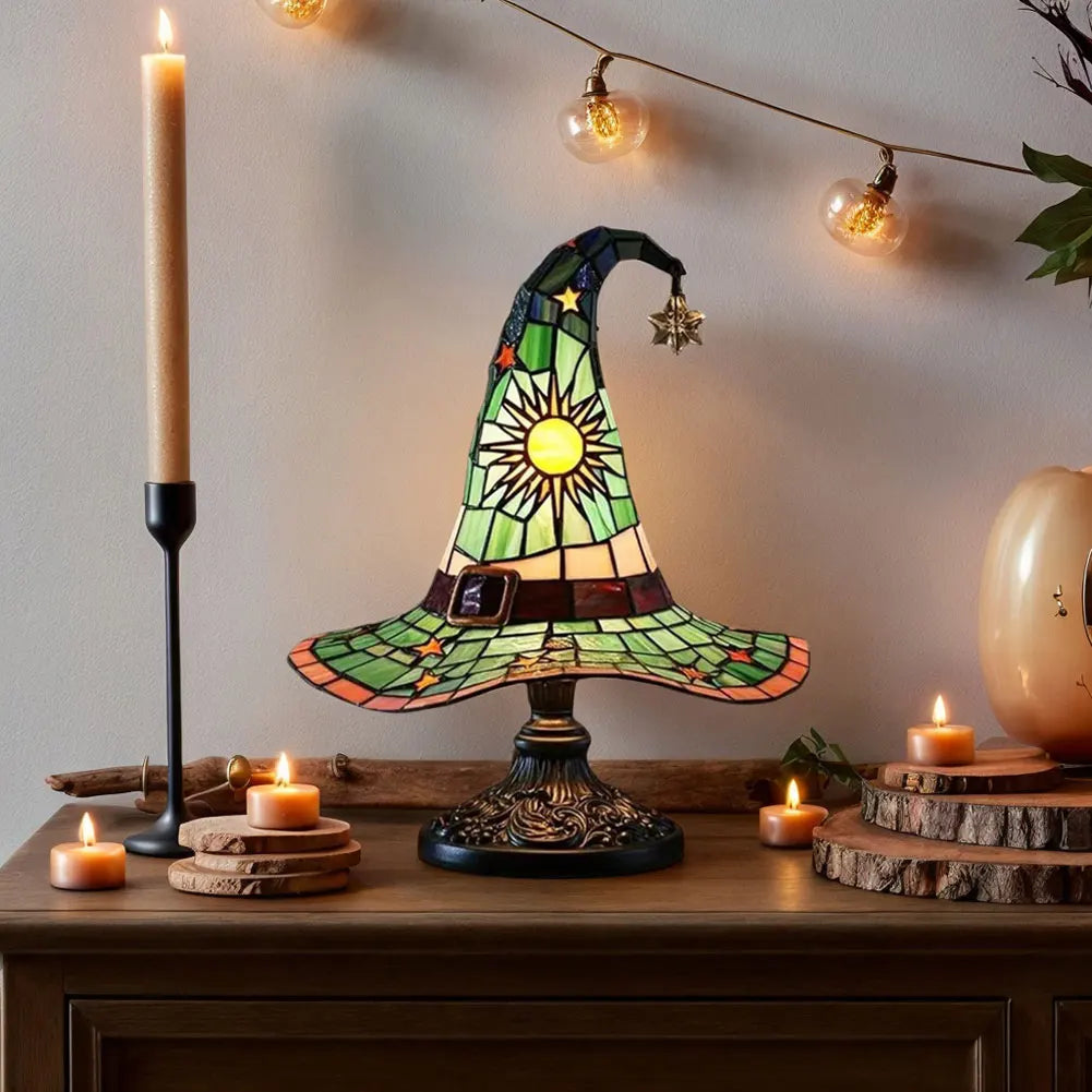 Stained Glass Witch Hat Lamp – LED Resin Witch Hat Light Ornament, USB Powered Home & Bedroom Decoration