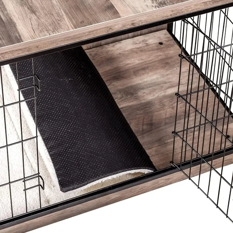 NEW Dog Crate Furniture with Cushion – 38.5" Wooden Indoor Kennel Table with Double Doors, Large Dog House in Greige