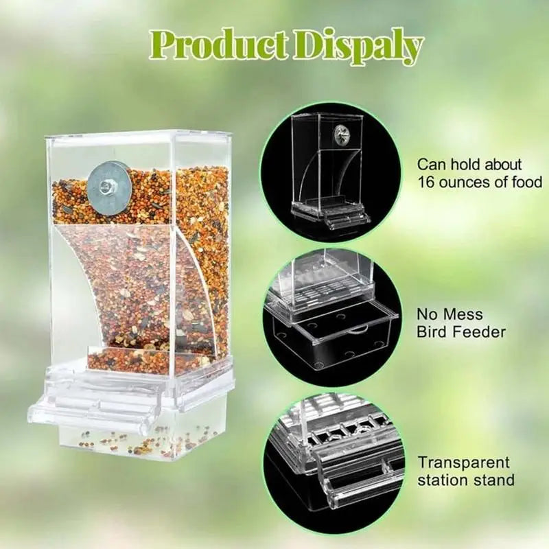 No-Mess Automatic Parrot Food Feeder – Clear Acrylic Bird Seed Container for Small & Medium Parakeets, Cage-Mounted Bird Feeding Accessory