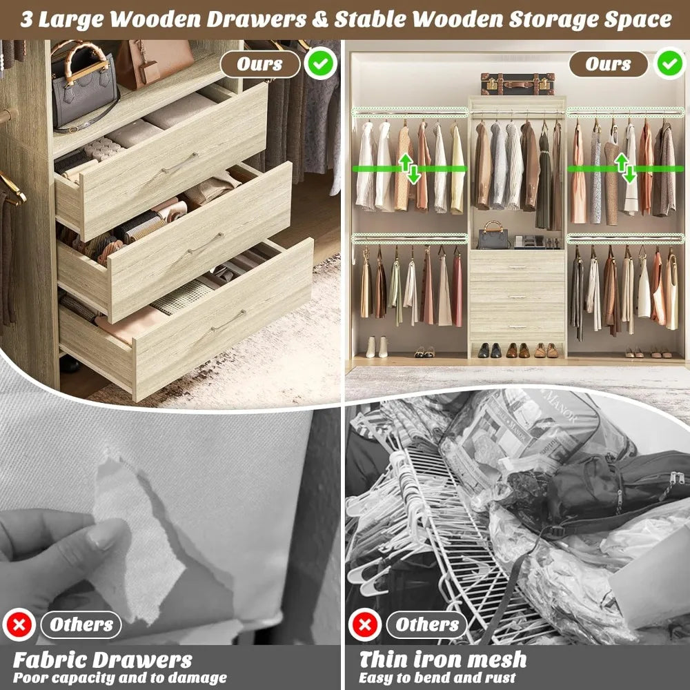 Closet Organizer System with 3 Wooden Drawers – Walk-in Wardrobe Organizer for Home Storage