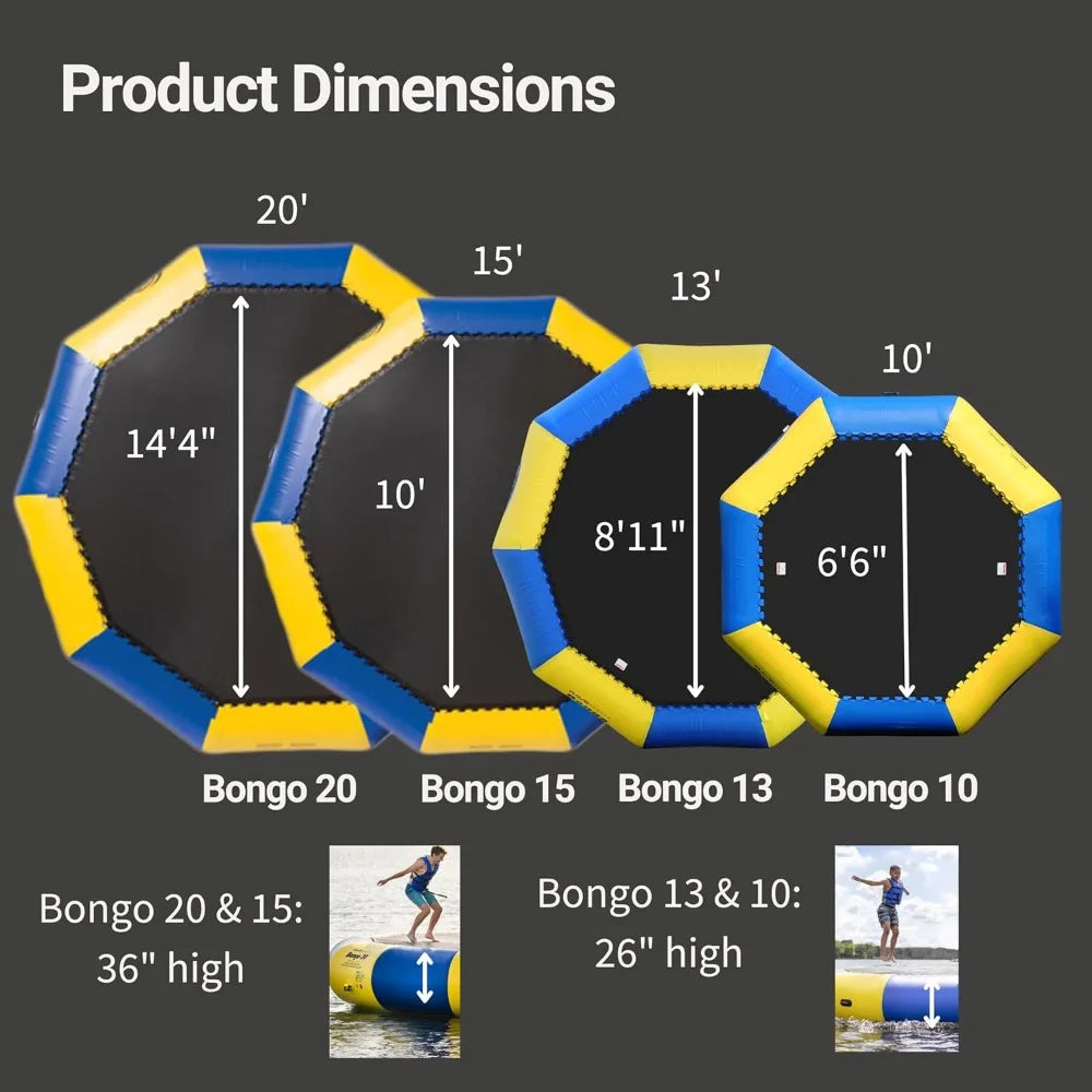 Inflatable Bongo Water Bouncer – 10FT / 13FT / 15FT / 20FT Recreational Water Trampoline with Ladder for Lake & Ocean Fun