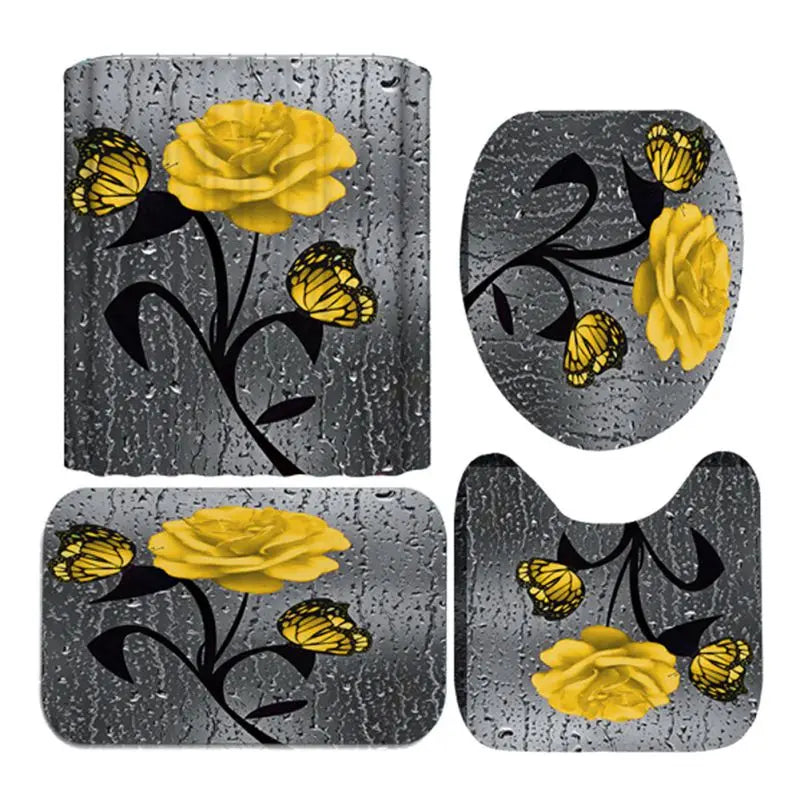 4PCS Bathroom Shower Curtain Set with Non-Slip Rugs, Toilet Seat Cover, Bath Mat & Doormat – Waterproof & Durable Bathroom Home Decor