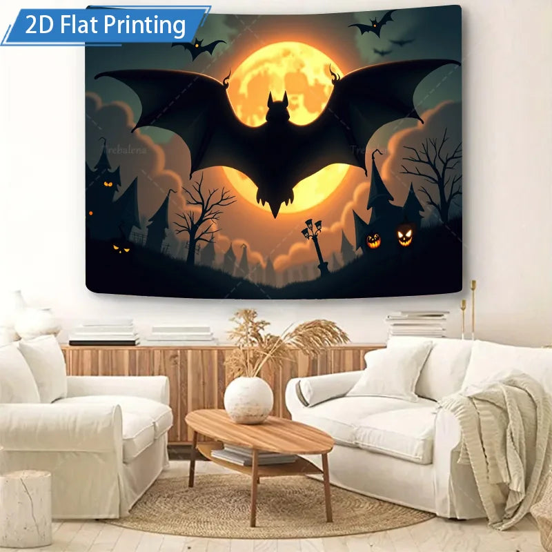Halloween Wall Tapestry – Bat Silhouette with Full Moon & Spooky Pumpkins, Gothic Horror Décor for Home, Bedroom, or Party