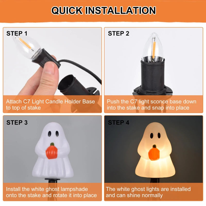 All Saints' Day 7FT Ghosts Pathway String Light – 4 White Ghost Stake Lights, Waterproof Outdoor Garden & Holiday Decoration