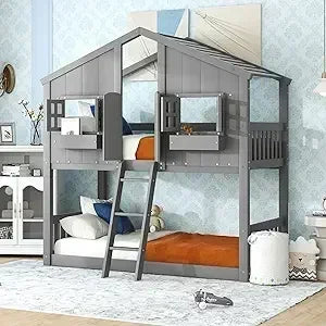 Twin Size House Bunk Bed Frame – Wooden Floor Bed Base with Roof, Window, Door & Flower Box – Playhouse Style Kids Bunk Bed