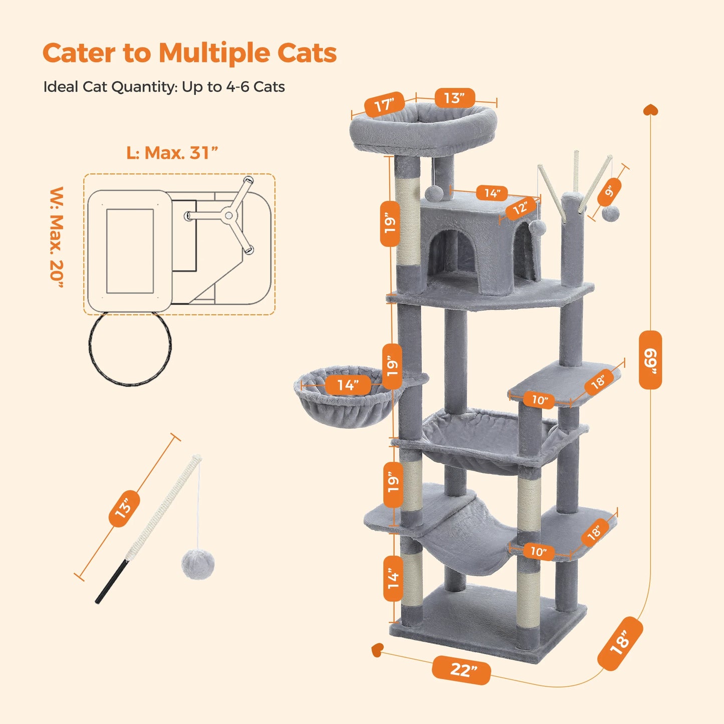 Large Cat Indoor Tree Tower with Super Big Hammock, Climbing Trees and Scratching Post