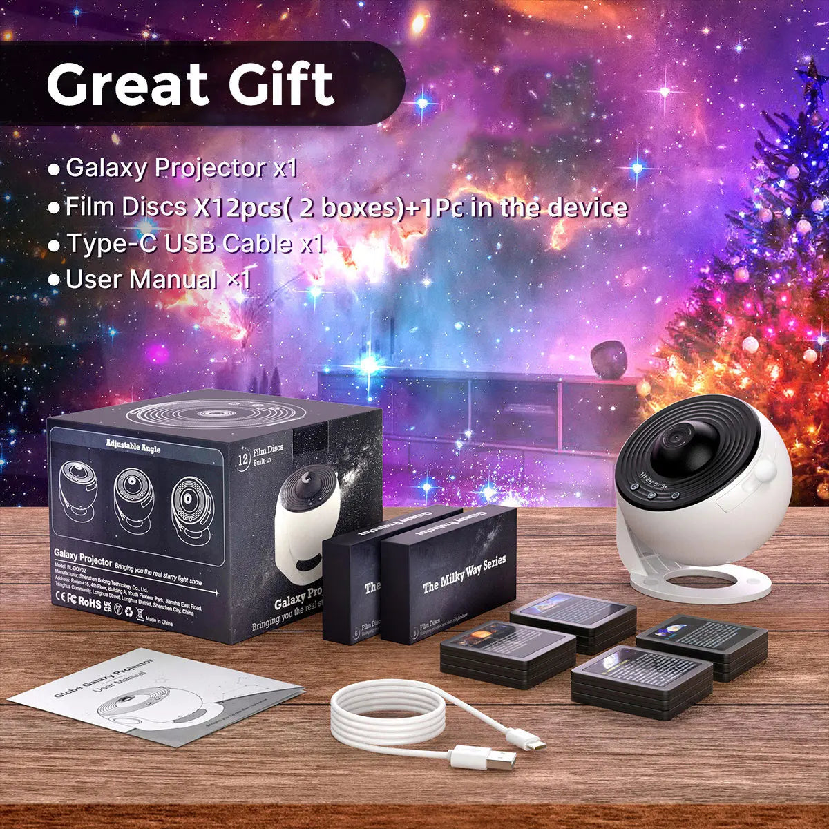 13-in-1 Galaxy Ultra Star Projector – HD LED Night Light with 13 Film Discs, 360° Rotation & Timer for Kids’ & Adults’ Bedrooms