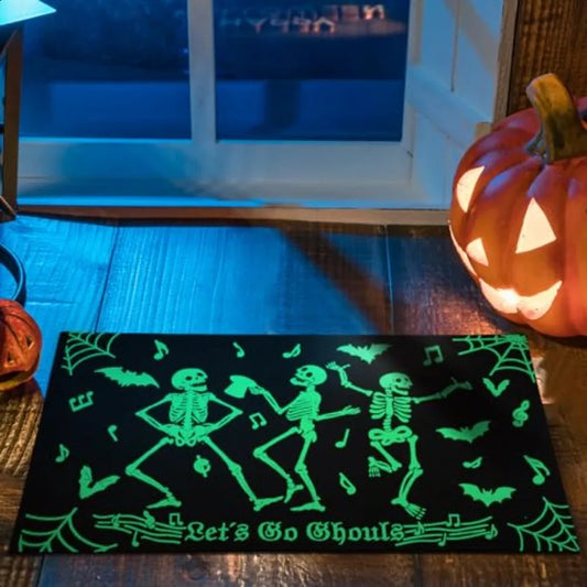 Halloween Glow in the Dark Dancing Skeleton Doormat – "Let’s Go Ghouls" Luminous Entrance Rug 17x27" Decorative Glow-in-the-Dark Kit