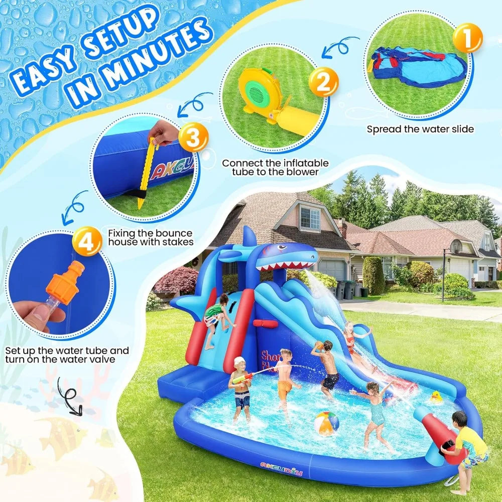 Inflatable Shark Blast Water Bounce House with Slide – Outdoor Backyard Water Slide Play Center for Kids Ages 3–12
