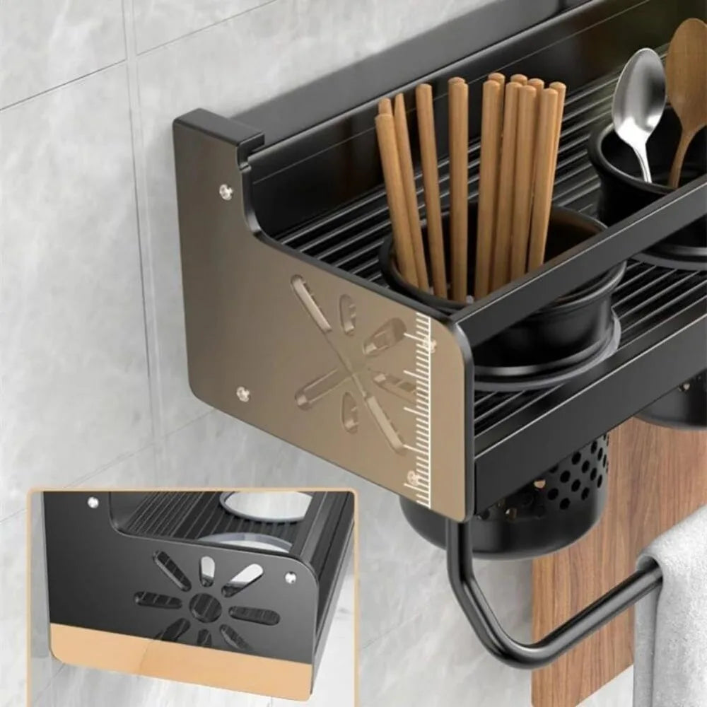 Wall-Mounted Kitchen Organizer Shelf – Multifunctional Spice Rack with Knife Holder, Utensil Hooks & Seasoning Storage