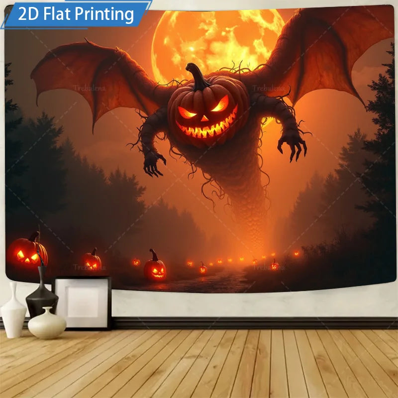 Halloween Wall Tapestry – Bat & Pumpkins Spooky Forest Scene, Seasonal Wall Hanging Décor for Home, Bedroom, or Party