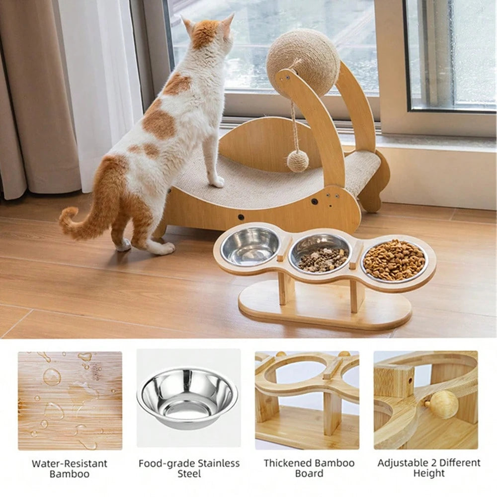 Cat 3-in-1 Feeder with Tilted Stainless Steel Bowls: