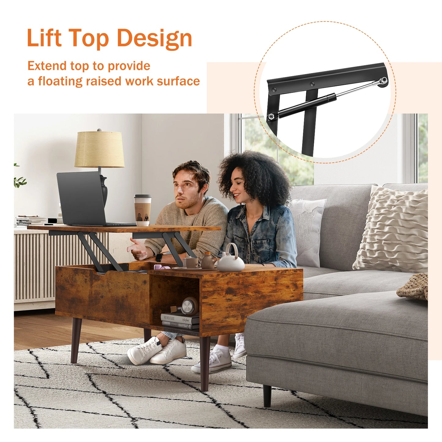 JHK Lift Top Coffee Table – 39.37"x19.7" Adjustable Wood Coffee Table with Hidden Storage & Open Shelf – Easy Lift or Lower for Living Room, Work, or Dining