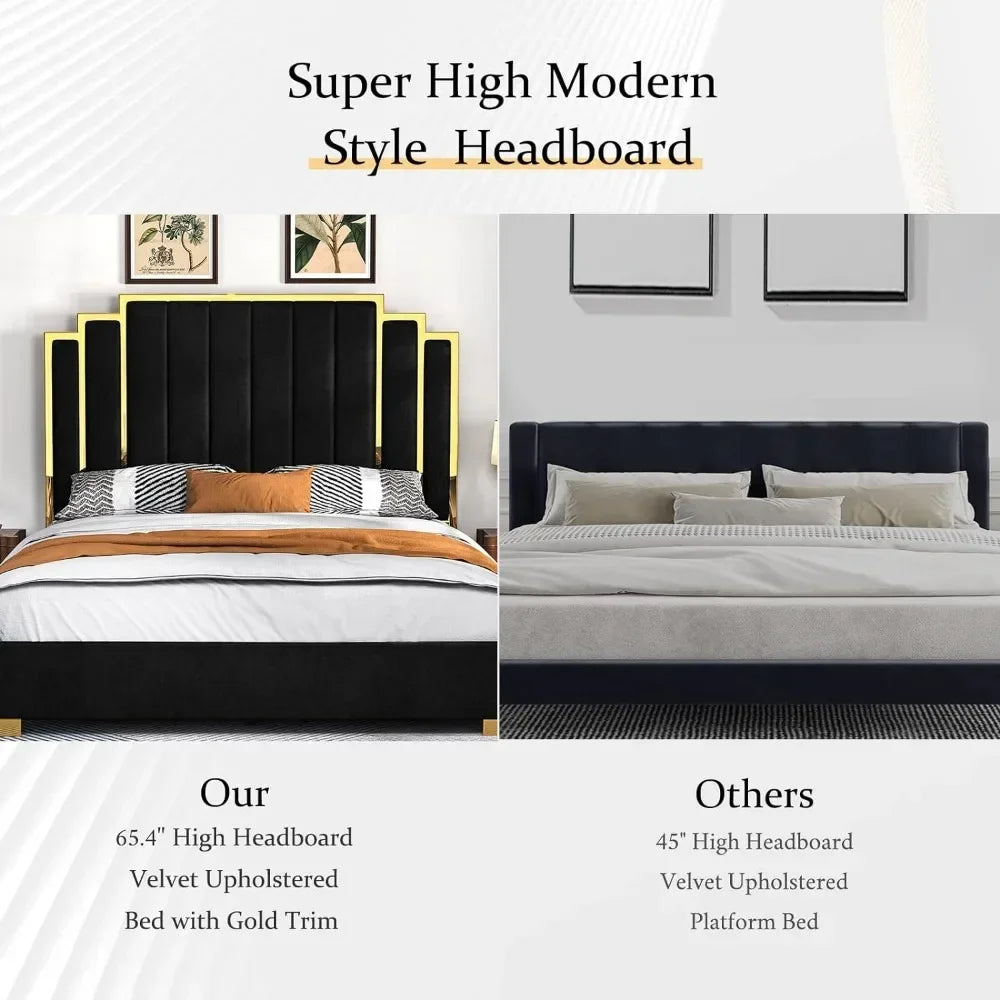 King Size Platform Bed Frame – 65" Velvet Upholstered Headboard with Elegant Gold Trim, Sturdy Wood Slats, No Box Spring Needed