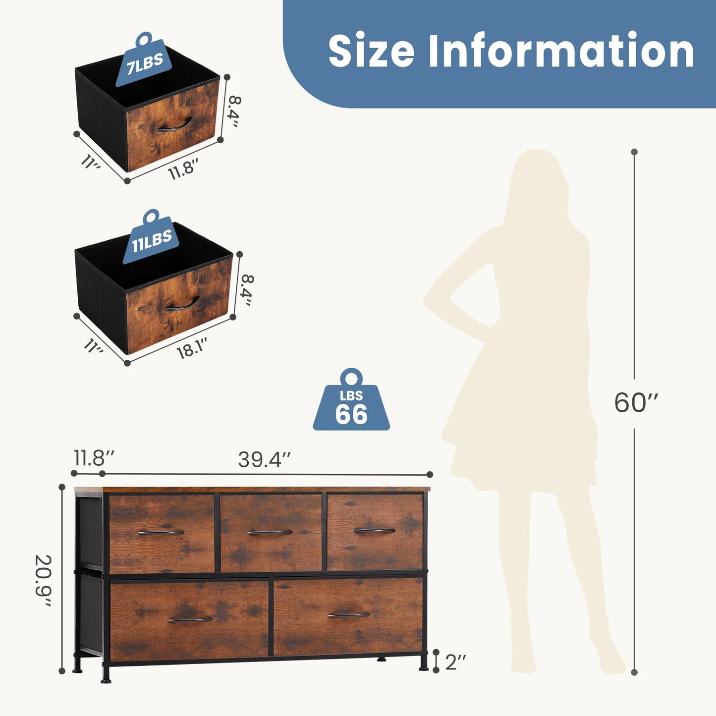 JHK Display Cabinet With 5 Fabric Drawers