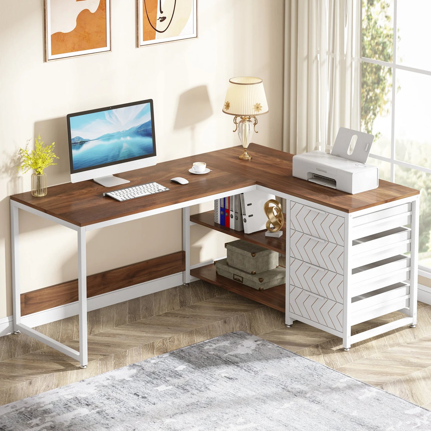 Tribesigns 59" L-Shaped Computer Desk – Reversible Corner Desk with Storage Drawers & Shelves
