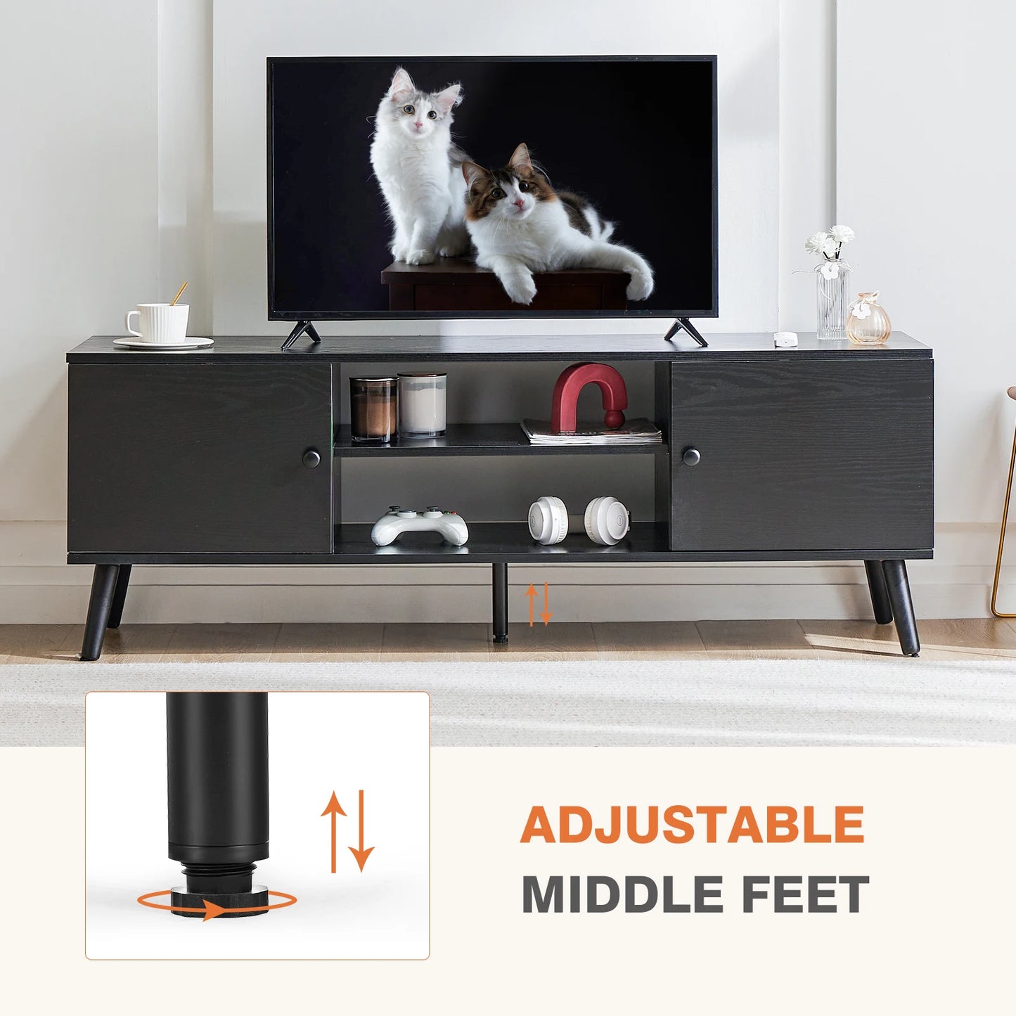 JHK Wooden Fireplace TV Stand for TVs up to 60” – Entertainment Center with Electric Fireplace, Adjustable Shelf & 2 Storage Cabinets
