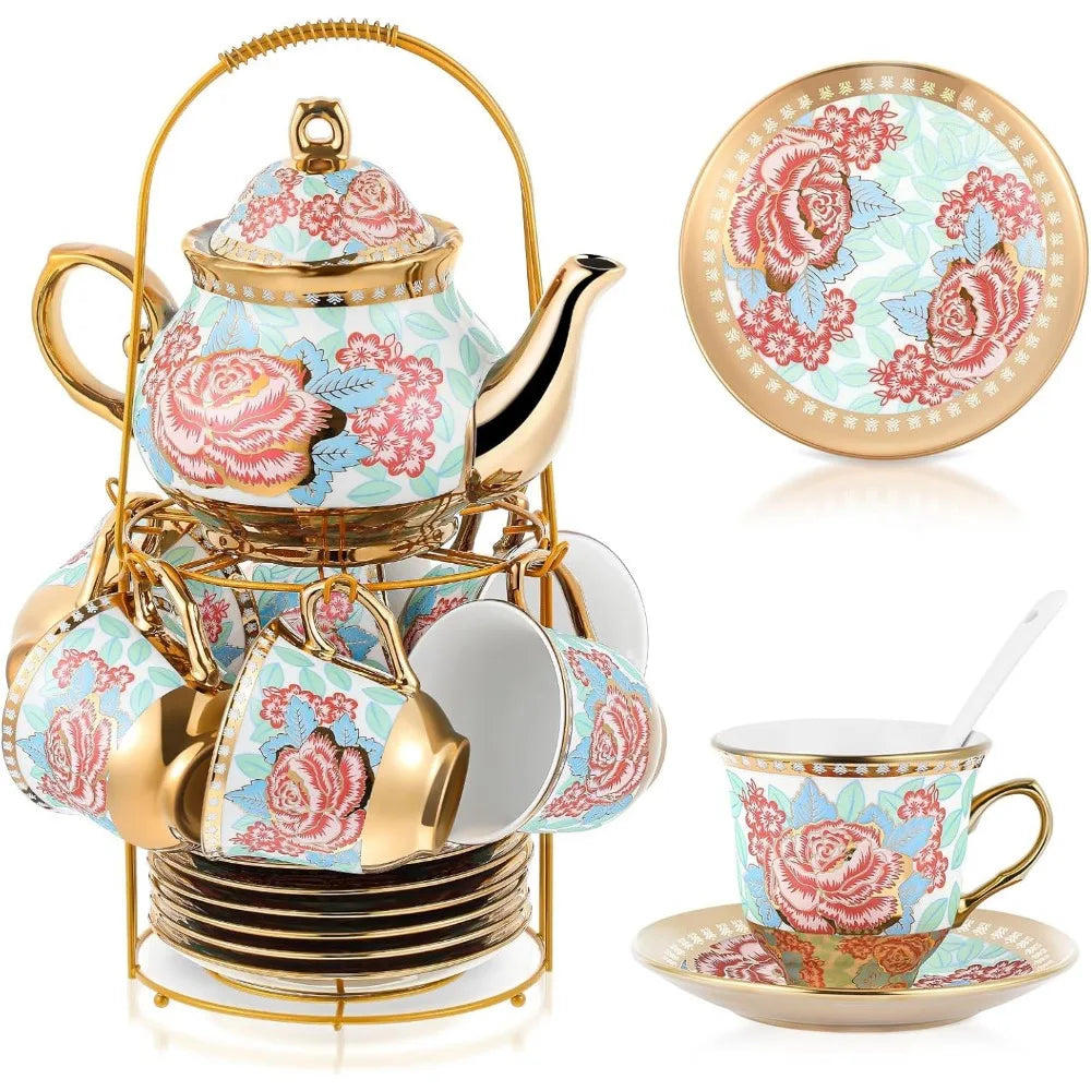Elegant Ceramic Tea Party Set for Adults – European Floral Teapot, Teacup, Saucer & Spoon Set – Large Fresh Style