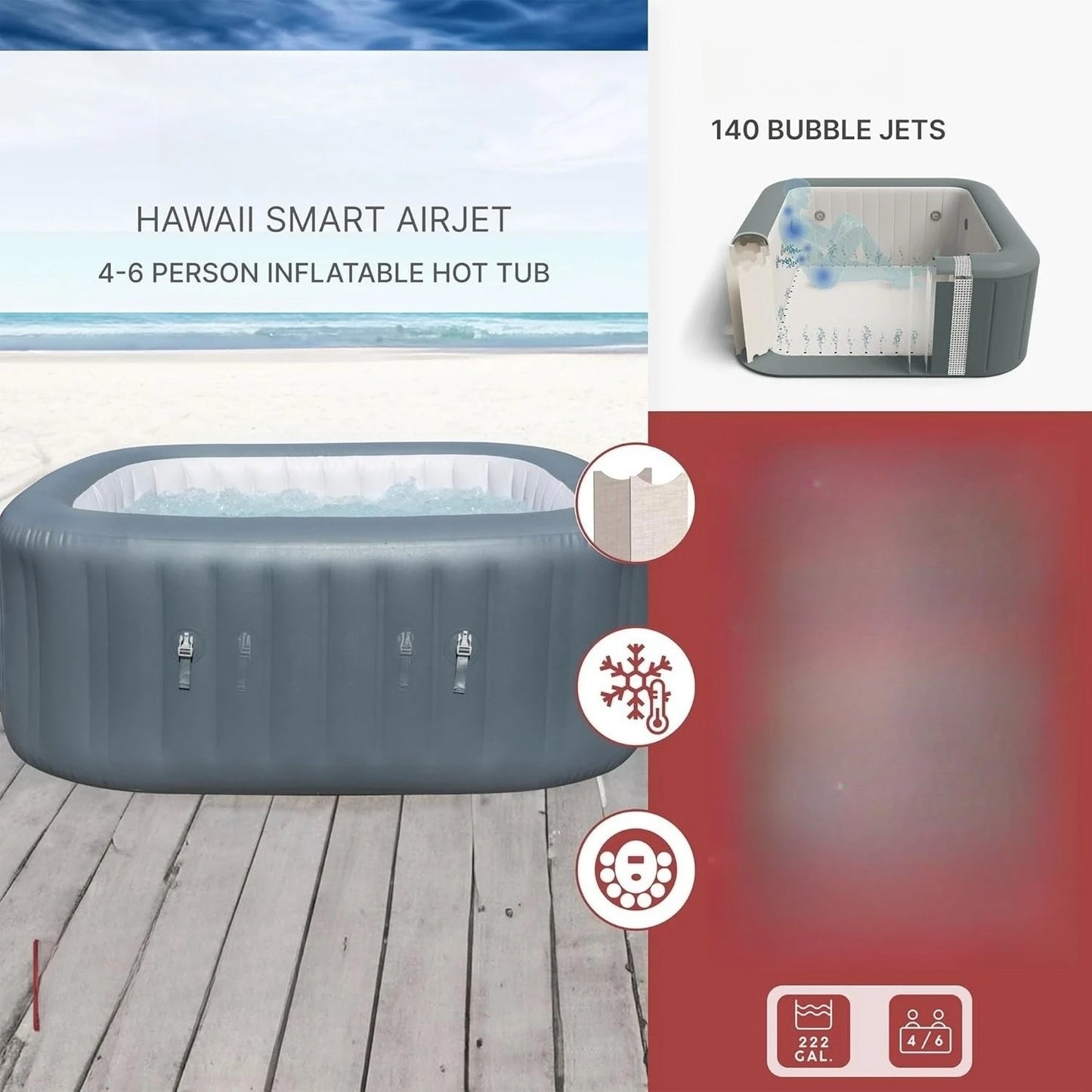 SaluSpa AirJet 4–6 Person Inflatable Hot Tub – Square Portable Outdoor Spa with 114 Soothing AirJets & Insulated Cover, Gray