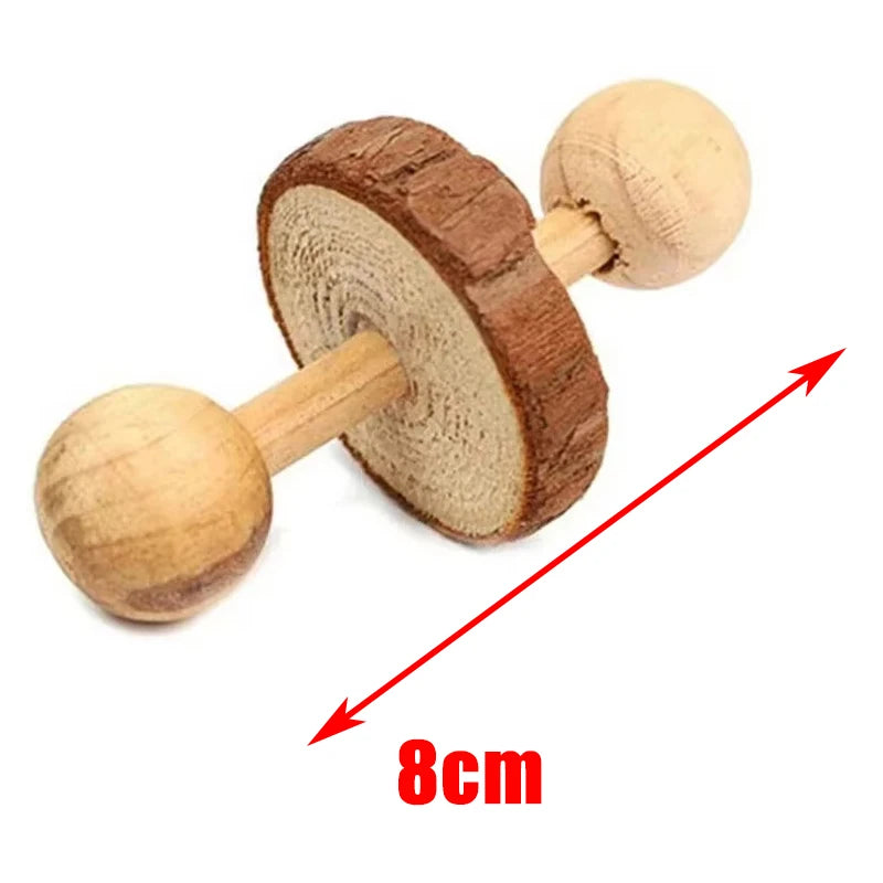 Natural Wooden Small Animal Toy Set – Chew Toys for Guinea Pigs, Rabbits, Hamsters | Dumbbells, Unicycle, Bell, Braided Balls & More