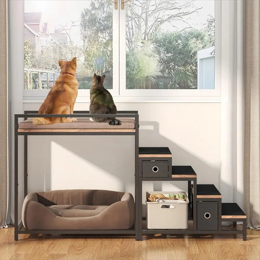 Pet Bunk Bed with Stairs & Storage – Multi-Level Elevated Dog & Cat Bed with Window Perch & Bedside Lounge