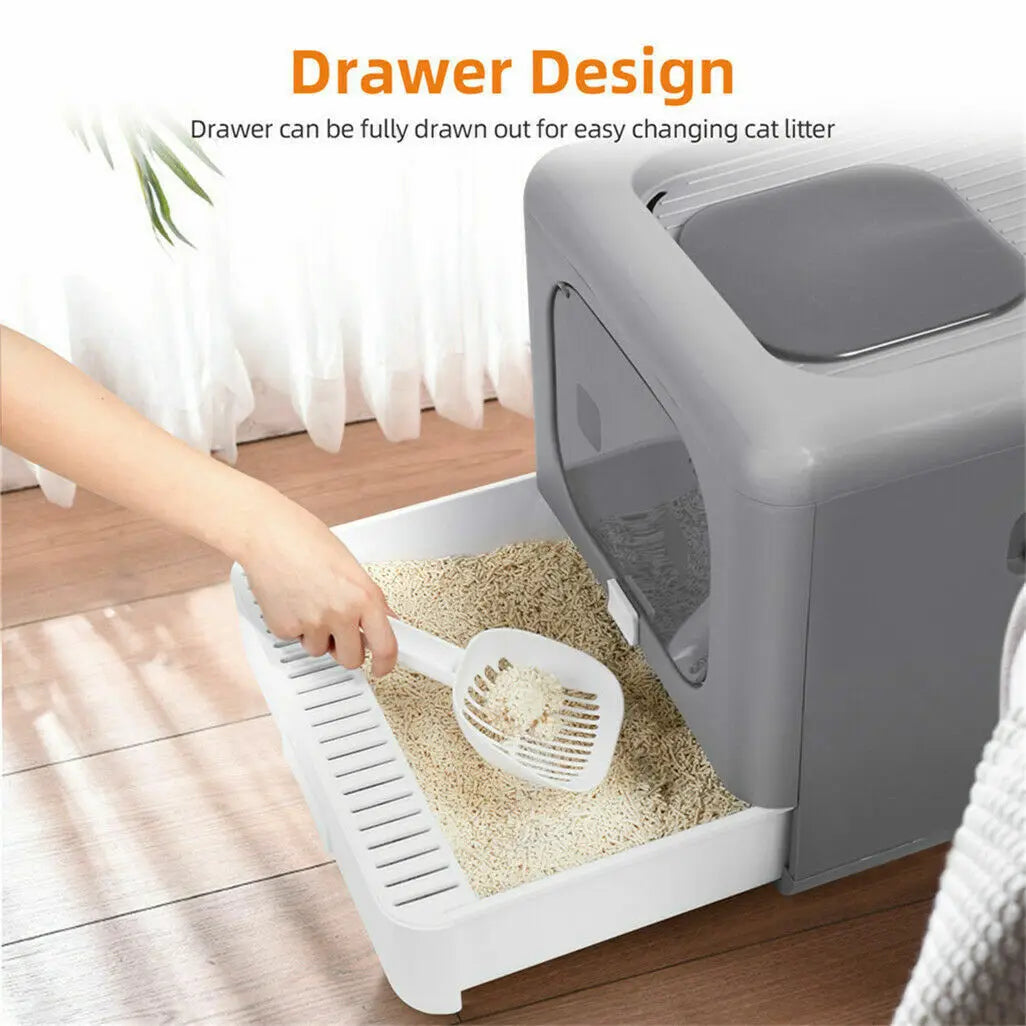 Enclosed Foldable Cat Litter Box with Scoop and Tray