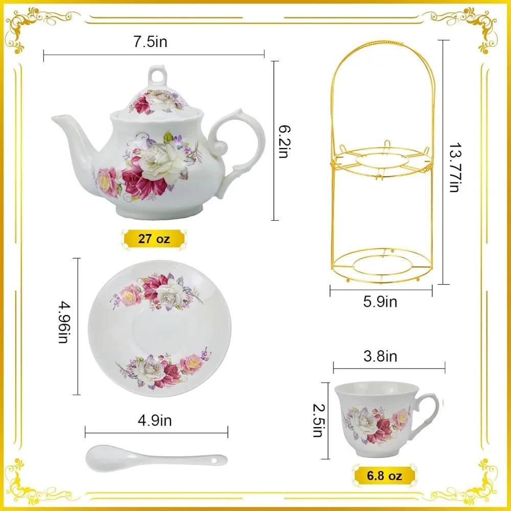 20-Piece Bone China Tea & Coffee Set with Gold Metal Rack – Elegant Porcelain Gift Set for Home, Parties, and Special Occasions (010)