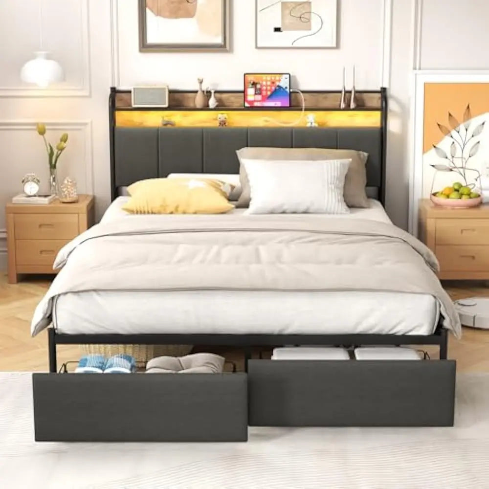 LED Queen Size Bed Frame with Storage Drawers & Charging Station – Metal Platform Bed with Headboard, No Box Spring Needed