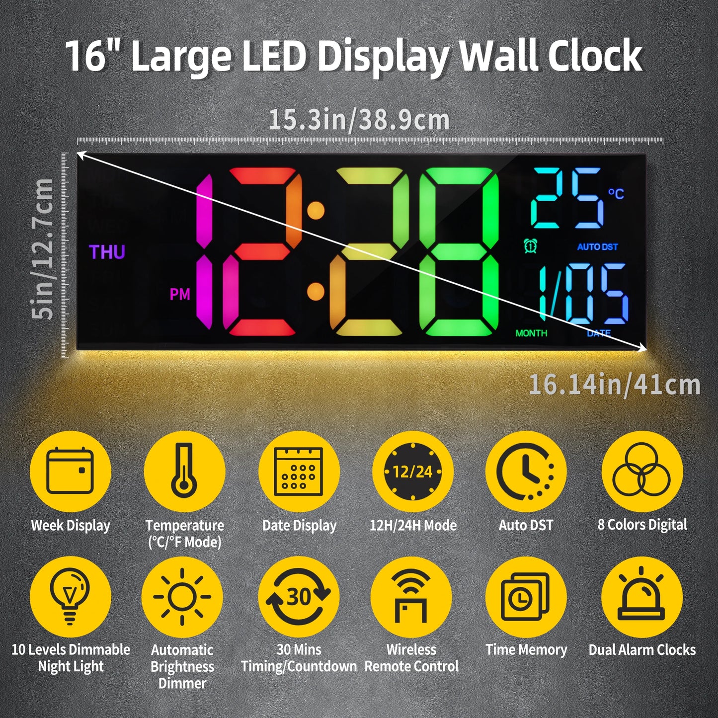 16" Large Digital Wall Clock with Big LED Display and Remote