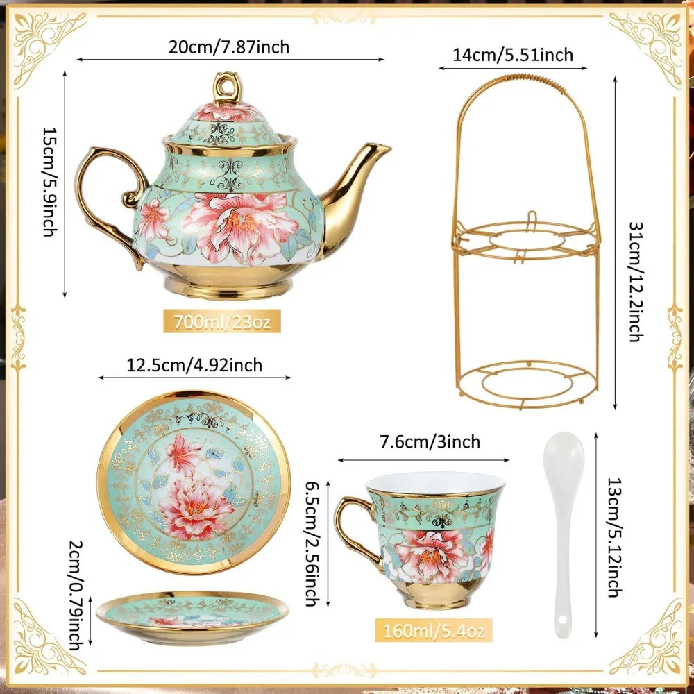 Elegant Ceramic Tea Party Set for Adults – European Floral Teapot, Teacup, Saucer & Spoon Set – Large Fresh Style