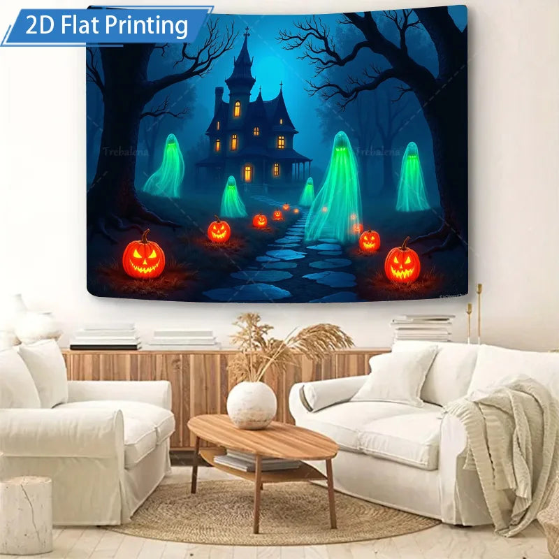 Halloween Wall Tapestry – Spooky Haunted House with Ghosts & Pumpkins, Seasonal Wall Hanging Décor for Home, Bedroom, or Party