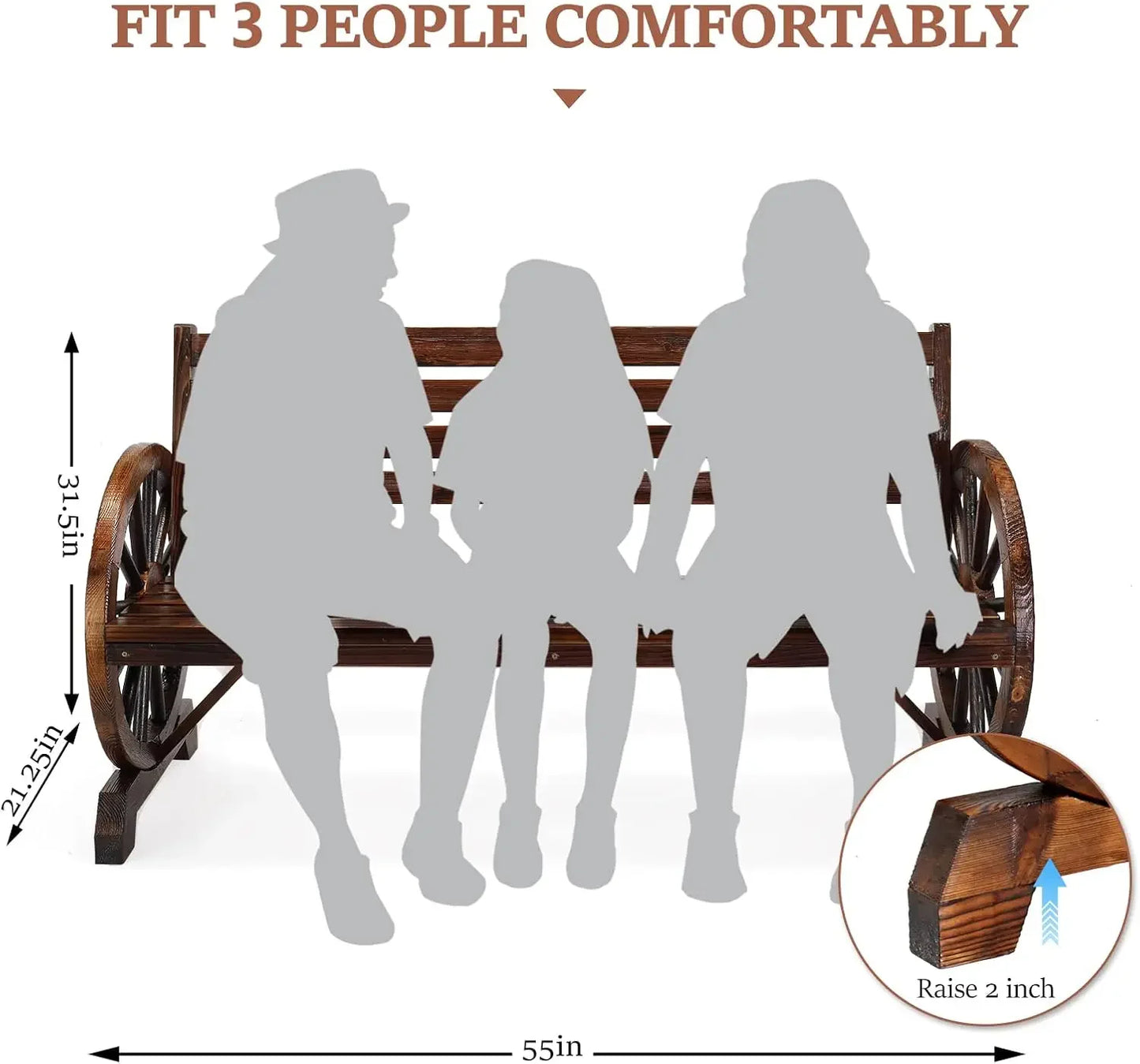 Outdoor Rustic Wooden Bench with Wagon Wheel Arms – 3-Person Garden Bench for Patio, Porch, Lawn & Yard Furniture